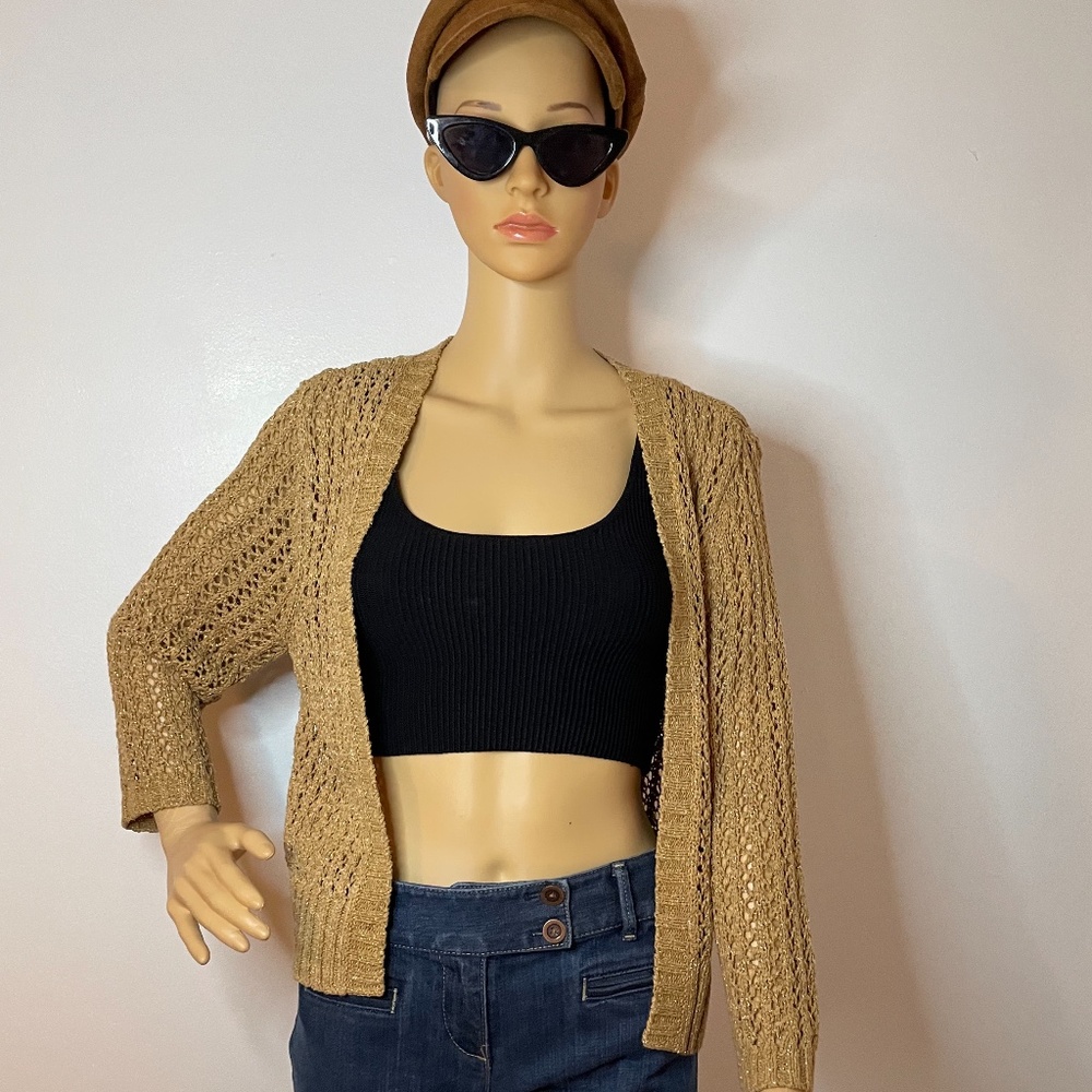 Tan gold sheen crocheted knitted sweater shawl!